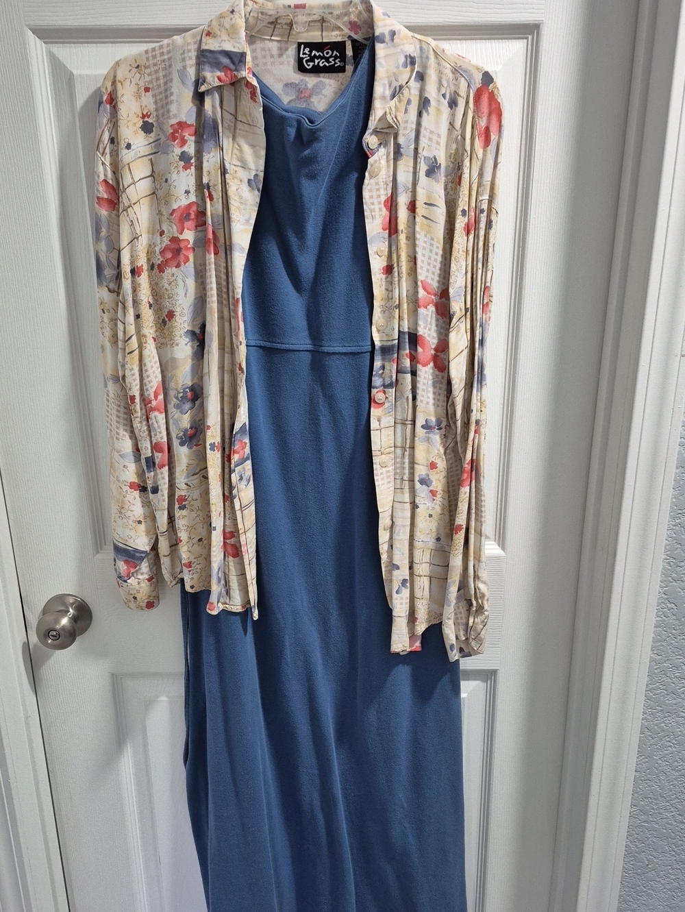 Jones New York Sport Denim Blue Sleeveless Maxi Dress W/Lemon Grass Floral Top